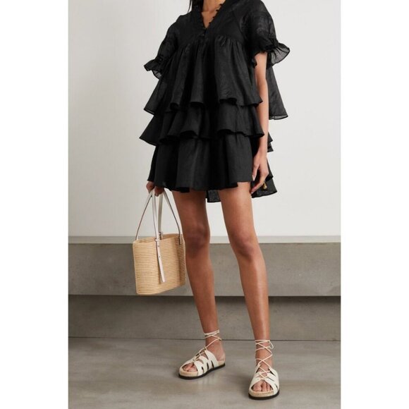 Joslin Dresses & Skirts - Joslin Net Sustain Ellie Crochet-Trimmed Ruffled Linen Dress Black / Size 10